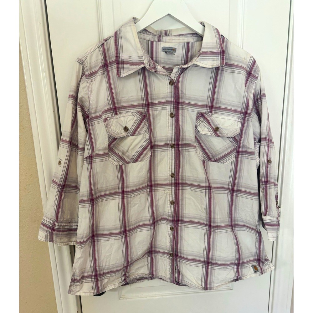 Carhartt Women XXL Plaid Button-Up Shirt Short Sleeve Pockets White Purple Gray